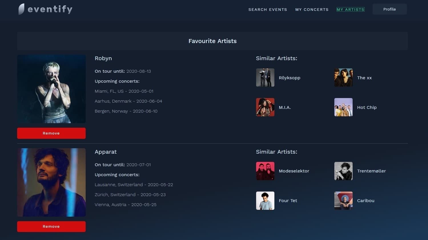 screenshot of Eventify application