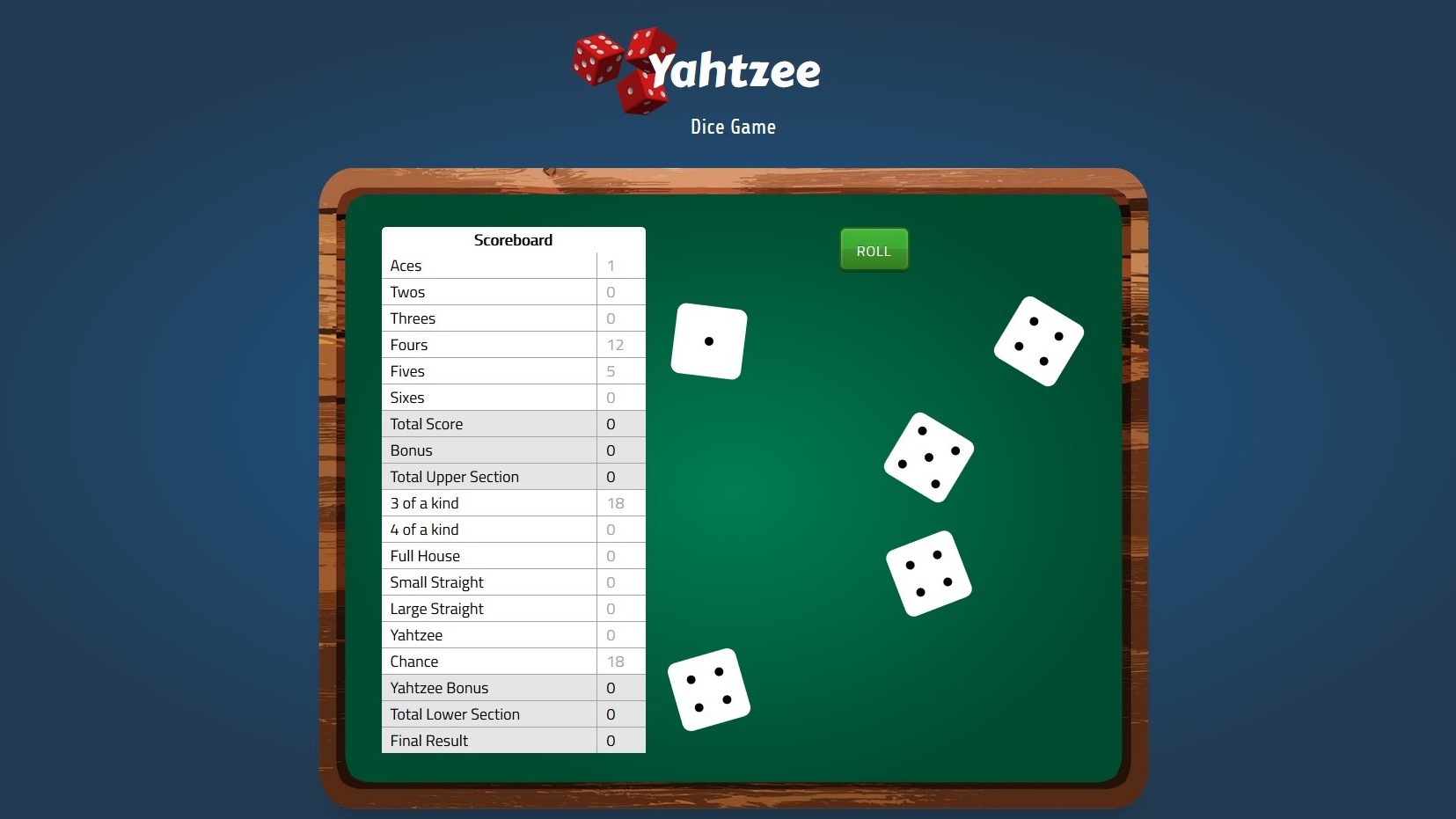 screenshot of yahtzee game app